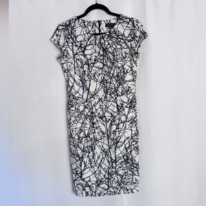 Elegant Black and White Branch Pattern Midi Dress